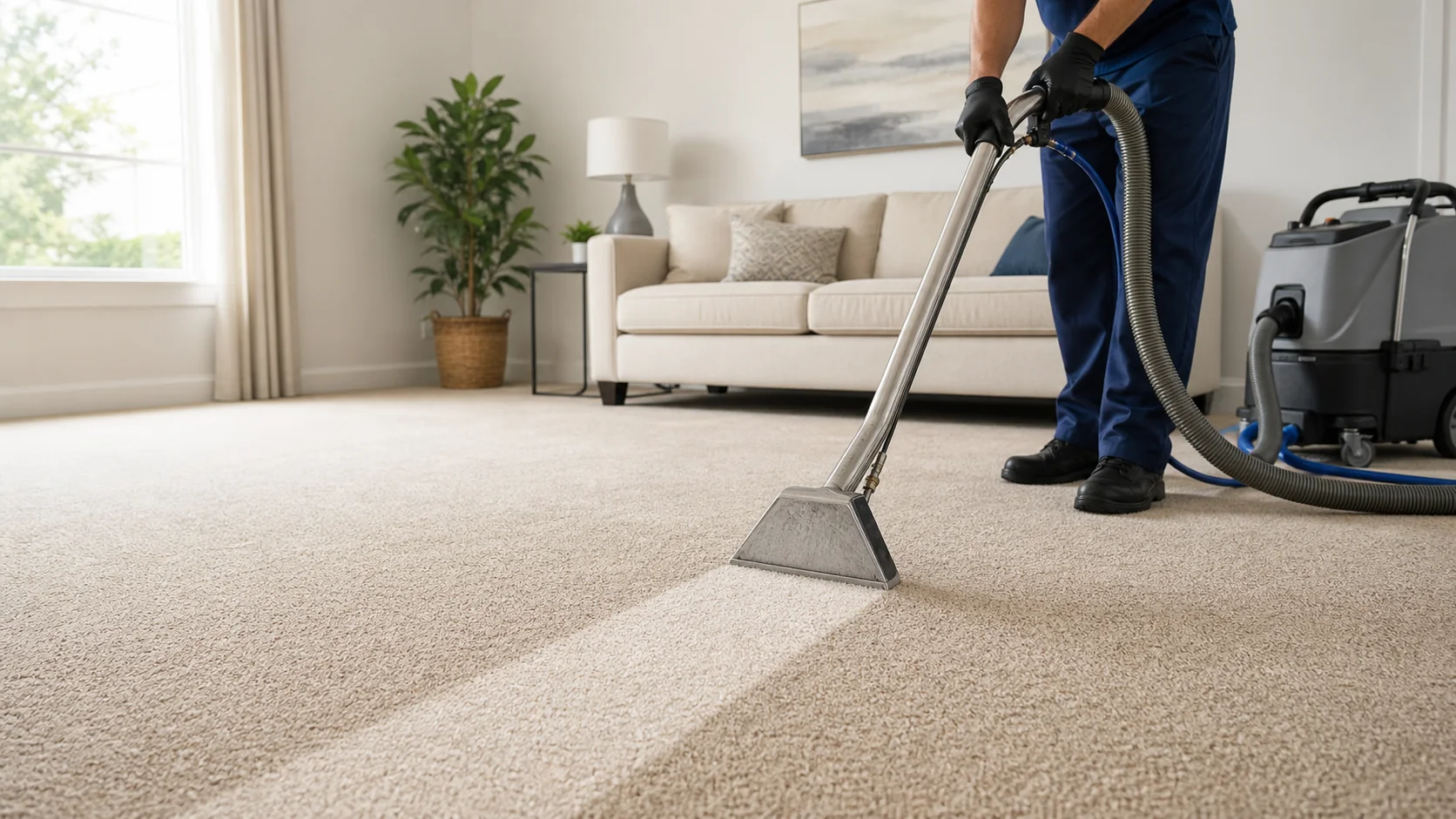 Professional carpet cleaning technician cleaning a living room carpet